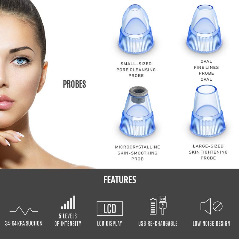 Blueorchids Blackhead Remover Pore Vacuum for face, BlueOrchids dermasuction for Whitehead Removal, Acne Pimple Sucker, face Vacuum Pore Cleanser, Comedone Extractor, 5 Adjustable Suction Power with 4 Probes - Image 3